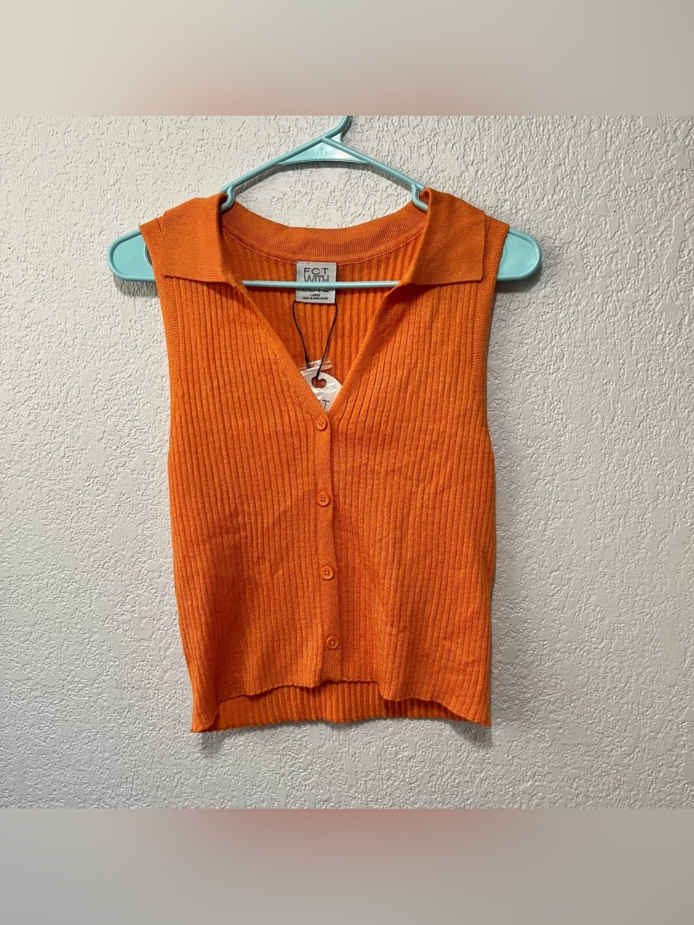 Fct with Love orange ribbed knit sleveless collared vest button down sz L